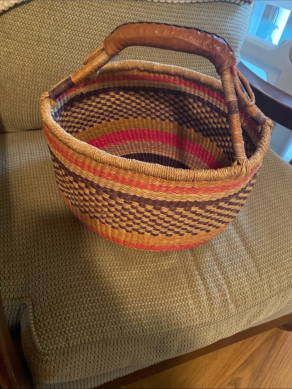 GHANA Handwoven Round Market Basket with Leather-Wrapped Handle